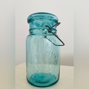 Vintage Trade Mark Banner Wide Mouth Latch Jar Pat D July 14 1908 w Lid #3 Aqua